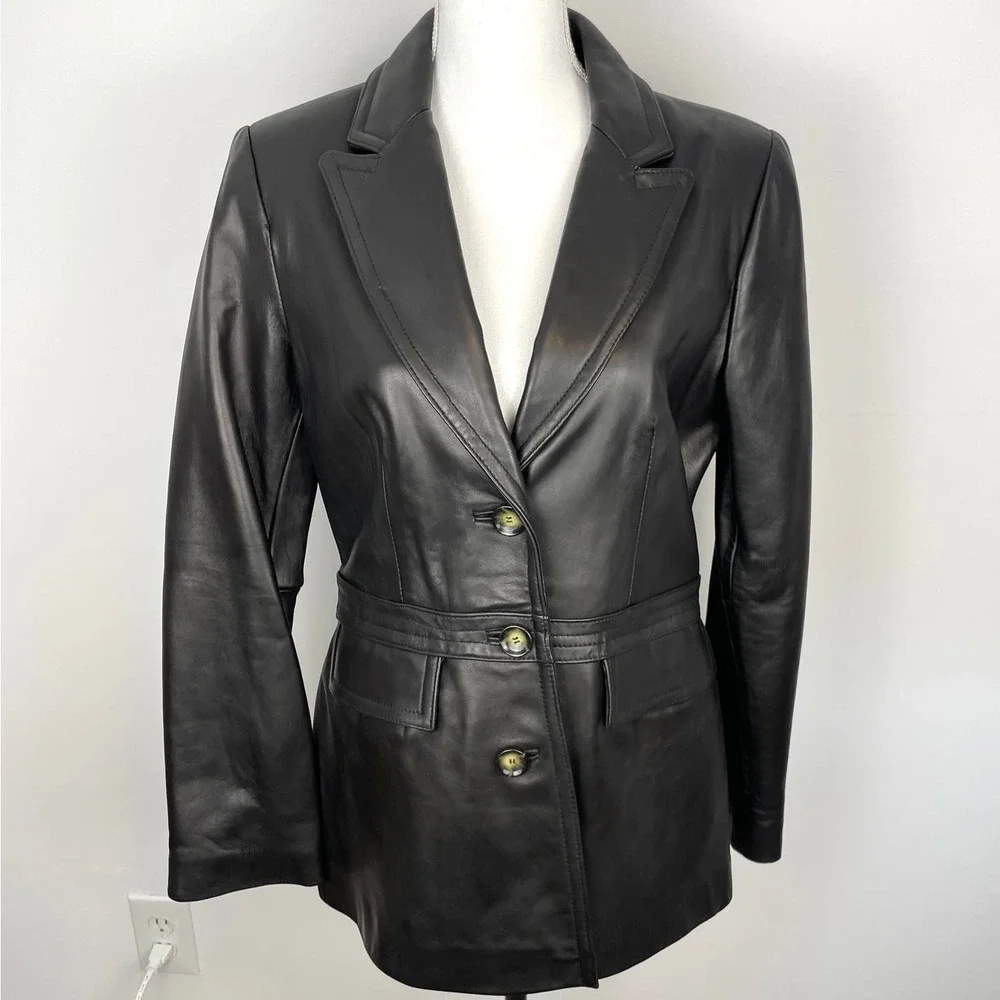 Neiman Marcus Lamb Leather Blazer Jacket In Black Size Large
